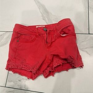 Mudd Coral-Red Lace Hem Jean Shorts Y2K Floral High Waist